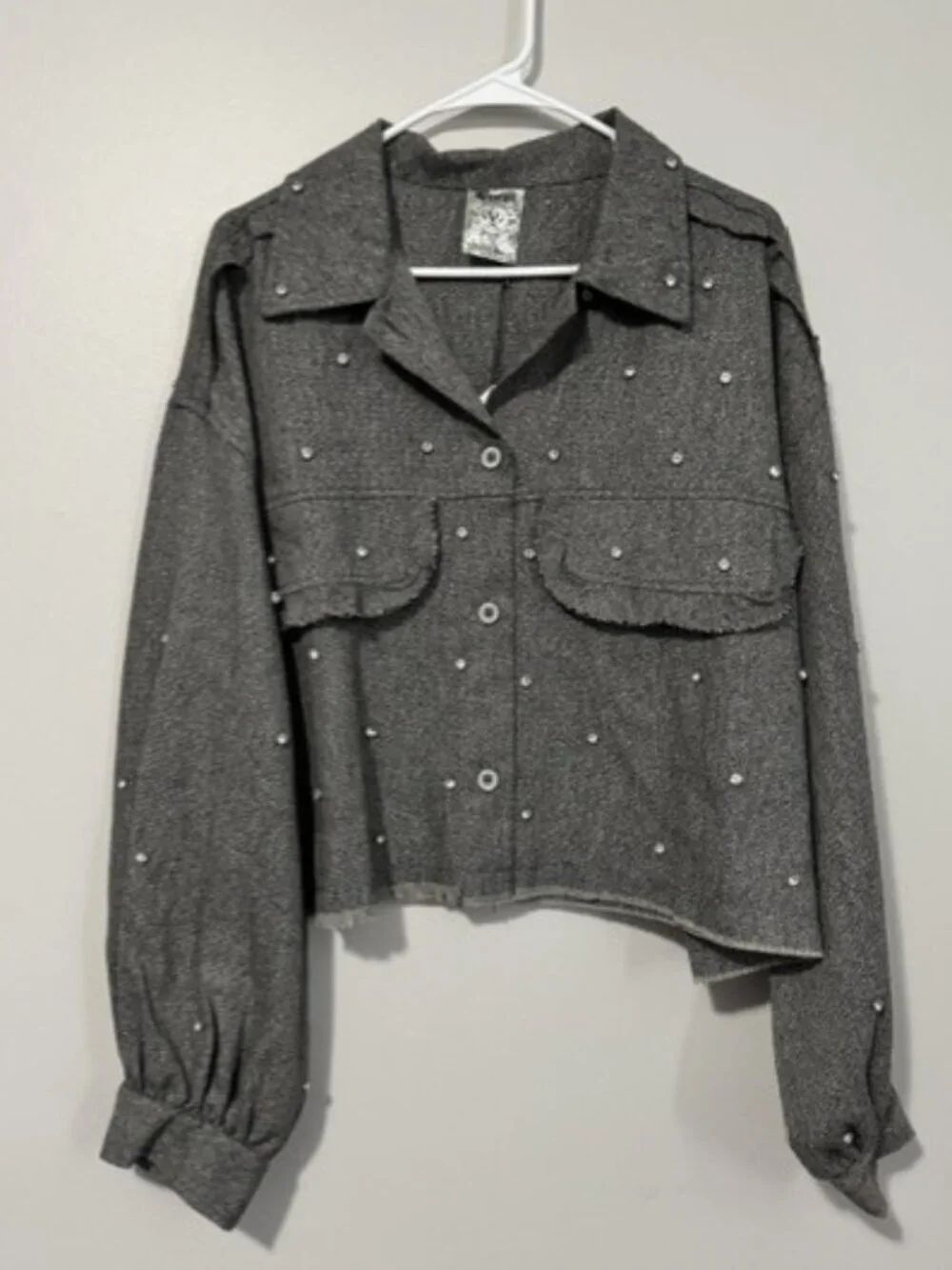 Woman's Vocal Grey Herringbone Risky Business Shacket w Clear Rhinestones